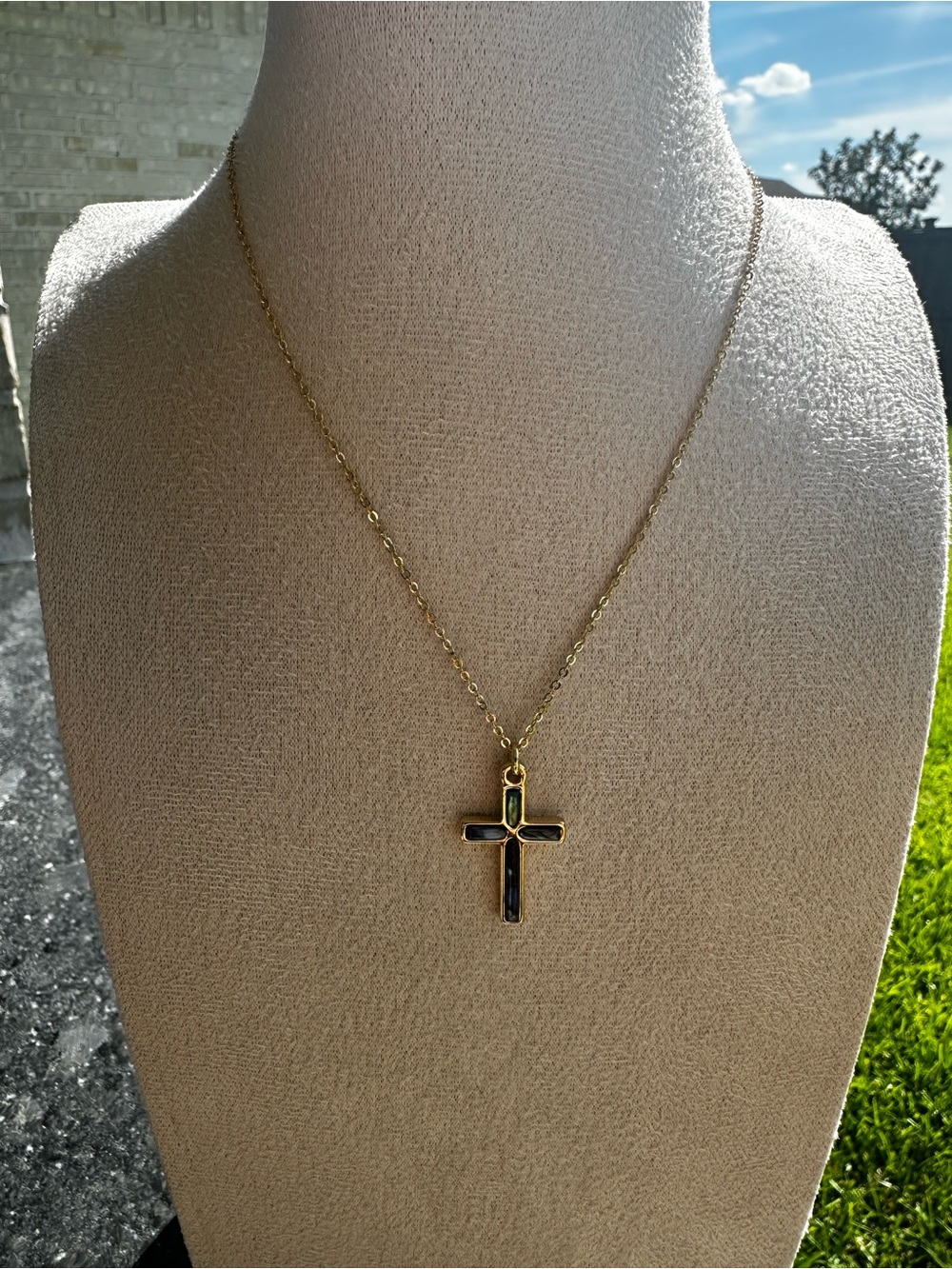 Gold Dipped Cross Pendant Necklace with Abalone Inlay